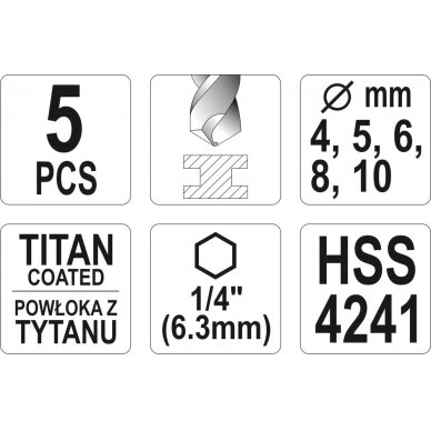 Grąžtų rinkinys su Hex 6.3 mm (1/4") galu | titano nitridas | 4 - 10 mm | 5 vnt. (YT-44700) 2