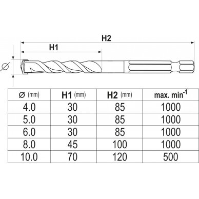 Grąžtų rinkinys su Hex 6.3 mm (1/4") galu | universalūs | 4 - 10 mm | 5 vnt. (YT-44789) 4