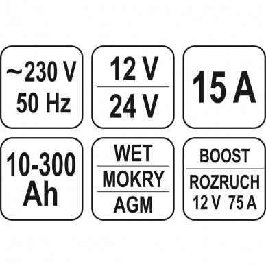 Įkroviklis su užvedimo funkcija YATO YT-83051 | LED | 12/24V | 15A | 300AH 3