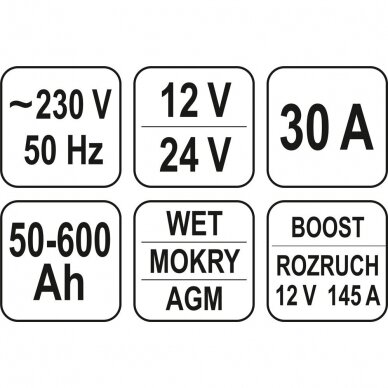 Įkroviklis su užvedimo funkcija YATO YT-83052 | LED | 12/24V | 30A | 600AH 3