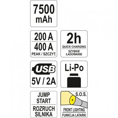 Įkroviklis su užvedimo funkcija YATO YT-83080 | LiPo | 400A | 7.5AH 6