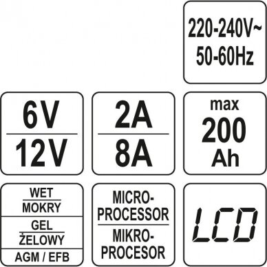 Įkroviklis YATO YT-83001 | 6/12V | 8A | 200AH 6