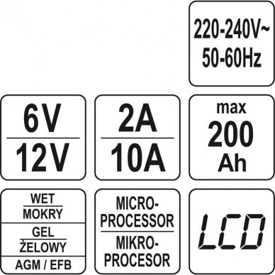 Įkroviklis YATO YT-83002 | 6/12V | 10A | 200AH 6