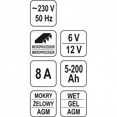 Įkroviklis YATO YT-8301 | 6/12V | 8A | 200AH 1