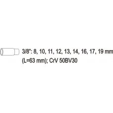 Ilgų galvučių rinkinys 3/8", CR-V, 9 vnt. 8 - 19mm. (YT-3855)