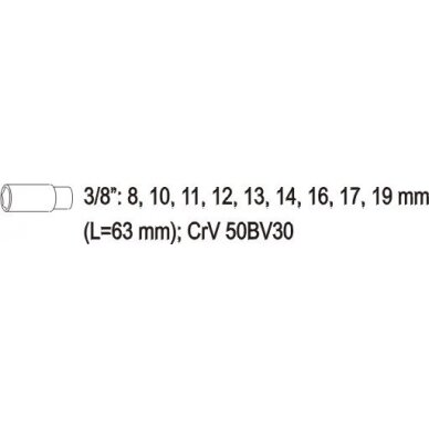 Ilgų galvučių rinkinys 3/8", CR-V, 9 vnt. 8 - 19mm. (YT-3855) 1