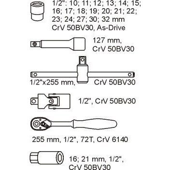 Įrankių dėklas YATO YT-5537 | galvučių ir raktų rinkinys | 1/2" | 24VNT. 1