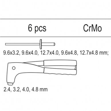 Įrankių dėklas YATO YT-55466 | kniediklio komplektas | 6VNT. 1