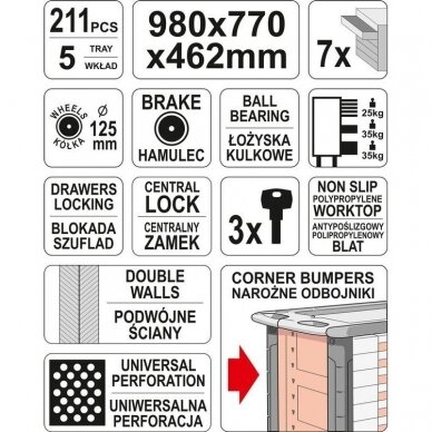 Įrankių spintelė YATO YT-55290 | 7 stalčiai | 211VNT. 10
