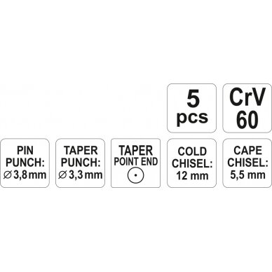 Kaltų ir išmušėjų rinkinys | 5 vnt. (YT-4695) 2