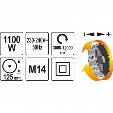 Kampinis šlifuoklis YATO YT-82101 | M14 | 1100W | 125MM 3