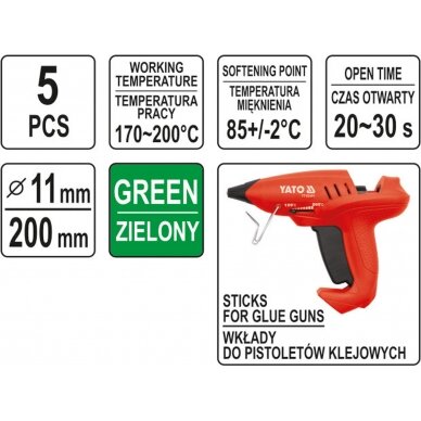 Karštų klijų lazdelių rinkinys 11,2x200mm 5vnt. žalios (YT-82436) 2