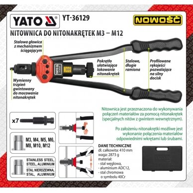 Kniediklis srieginėms kniedėms | M3, M4, M5, M6, M8, M10, M12 (YT-36129) 1