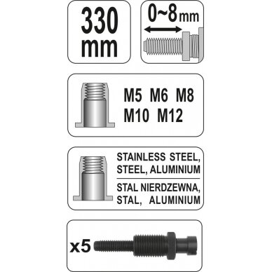 Kniediklis srieginėms kniedėms | M5, M6, M8, M10, M12, | 330 mm (YT-3612) 6