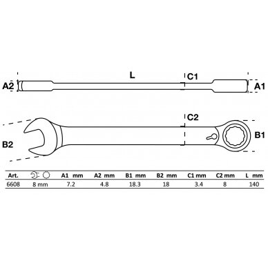 Kombinuotas raktas su terkšle | su reversu | 8 mm (6608) 1