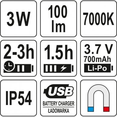 Lempa universali | įkraunama | su magnetu / lanksti | USB (YT-08516) 9