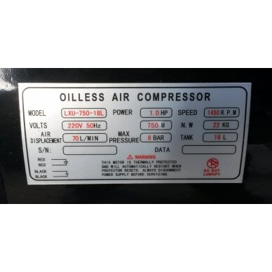 Oro kompresorius tylus | betepalinis | 18L/1,0HP/140 L/min (LXU-75018L) 3