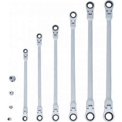Pailgintų terkšlinių vartomų dvipusių raktų rinkinys | su adapteriais galvutėms | 8 - 19 mm | 10 vnt. (1541) 6