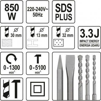 Perforatorius YATO YT-82122 | SDS PLUS | 850W | 3.3J | 32MM 6