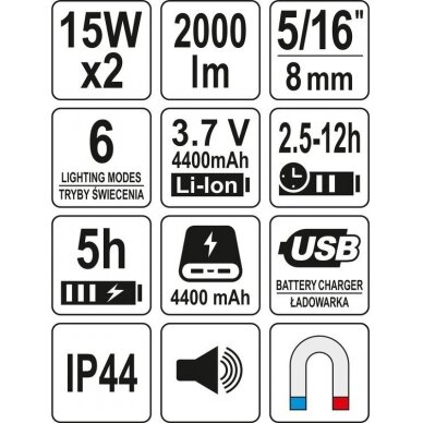 Perkeliamas žibintas su garsiakalbiu | 2X15W | 2000LM, LI-ION 3.7V 4400MAH, bluetooth POWERBANK (YT-81808) 9