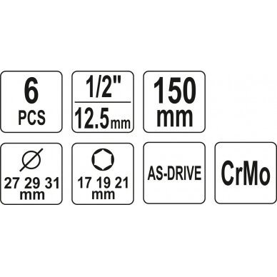 Plonasienių smūginių galvučių rinkinys su apsaugom | 12,5 mm (1/2") | 150 mm | 17/19/21 mm | 6 vnt. (YT-10563) 4