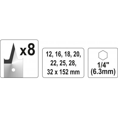 Plunksninių grąžtų rinkinys | 1/4" antgalis | 12-32 mm | 8 vnt (YT-3259) 2