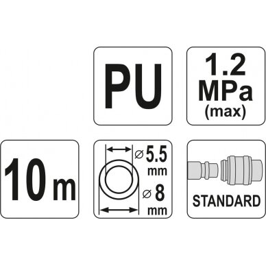 Pneumatinė žarna su antgaliais | 5.5 x 8 mm | 10 m | PU (YT-24202) 2