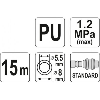Pneumatinė žarna su antgaliais | 5.5 x 8mm | 15 m | PU (YT-24203) 2