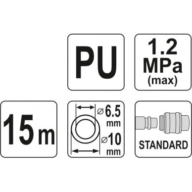 Pneumatinė žarna su antgaliais | 6.5 x 10 mm | 15 m | PU (YT-24206) 2