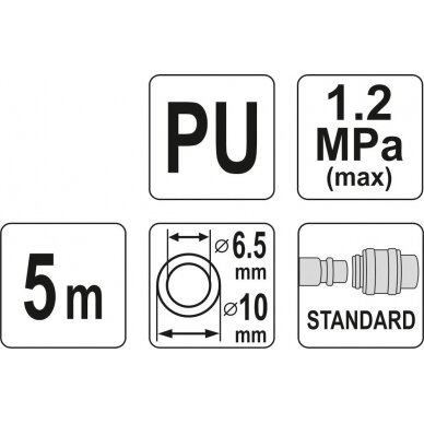 Pneumatinė žarna su antgaliais | 6.5 x 10 mm | 5 m | PU (YT-24204) 2