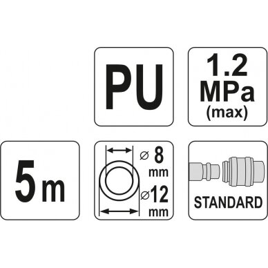 Pneumatinė žarna su antgaliais | 8 x 12 mm | 5 m | PU (YT-24207) 2