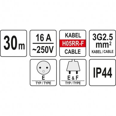 Prailginimo kabelis YATO YT-8101 | H05RR-F | 1 lizdas | 3680W | 30M 4