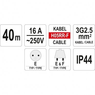 Prailginimo kabelis YATO YT-8102 | H05RR-F | 1 lizdas | 3680W | 40M 5