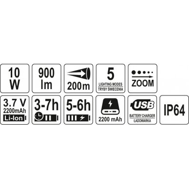 Prožektorius 10W 900LM IP64, LI-ION 3,7V 2200MAH  200M, POWERBANK, ZOOM | Akumuliatorinis (YT-08559) 6