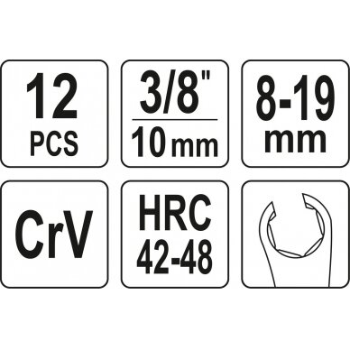 Šarnyrinių atvirų žiedinių veržliarakčių rinkinys | 10 mm (3/8") | 8 - 19 mm | 12 vnt. (YT-38550) 4