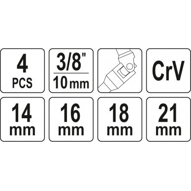 Šarnyrinių galvučių rinkinys žvakėms | 10 mm (3/8") | 14/16/18/21 mm | 4 vnt. (YT-38520) 3
