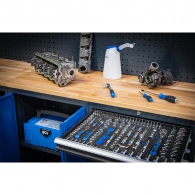 Sisteminis dirbtuvės baldų komplektas BGS Technic Compact Kit 80130 | medinis stalviršis | 6 komponentai | LED apšvietimas 1