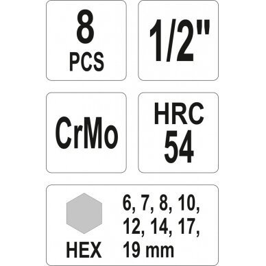 Smūginiai antgaliai | 12,5 mm (1/2") | šešiakampis HEX 5 - 19 mm | 8 vnt. (YT-1066) 2