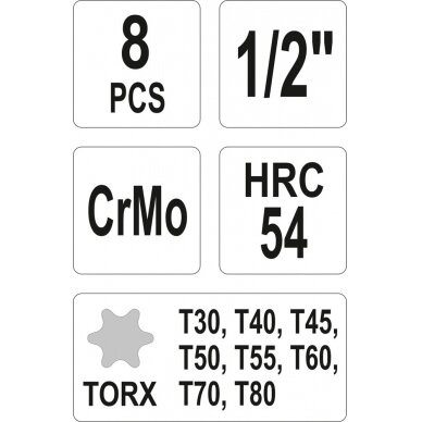 Smūginiai antgaliai | 12,5 mm (1/2") | T-Star (Torx) T30 - T80 | 8 vnt (YT-1065) 2