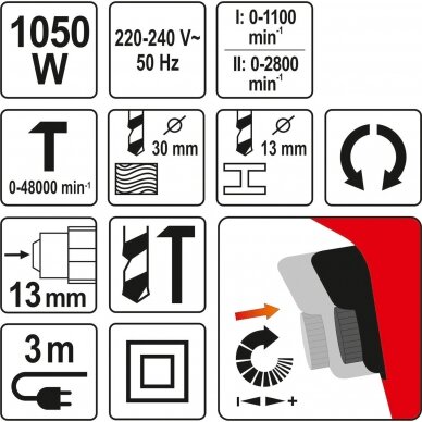 Smūginis gręžtuvas YATO YT-82044 | 1050W | 13MM 2