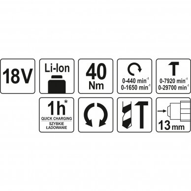 Smūginis suktuvas-gręžtuvas YATO YT-82789 | Mabuchi | Li-ion | 18V | 40Nm | be akumuliatoriaus 4