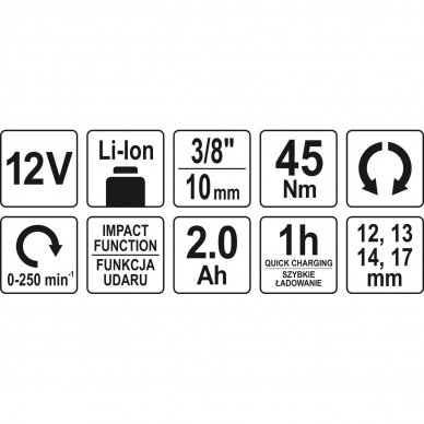 Smūginis raktas galvutėms YATO YT-82902 | 3/8" | Li-ion | 12V | 45Nm 4