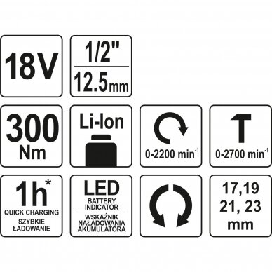 Smūginis veržliaraktis YATO YT-82805 | 1/2" | Li-ion | 18V | 300Nm | be akumuliatoriaus 4