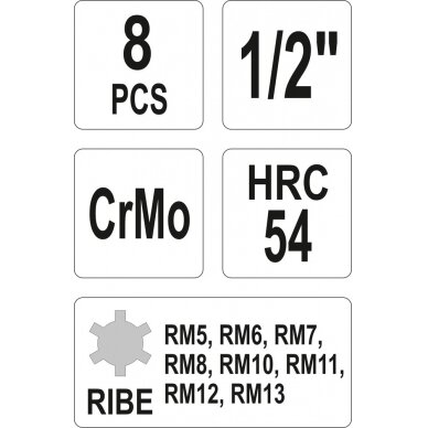 Smūginių antgalių rinkinys | 12,5 mm (1/2") | Spline (Ribe) M5 - M13 | 8 vnt. (YT-1068) 2
