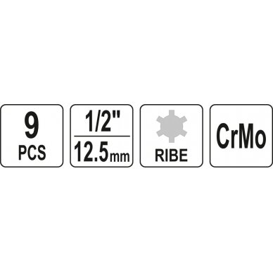 Smūginių antgalių rinkinys | 12,5 mm (1/2") | Spline (Ribe) M5 - M14 | 9 vnt. (YT-10681) 5