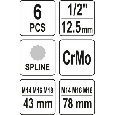 Smūginių antgalių rinkinys | 12,5 mm (1/2") | Spline (XZN) | 6 vnt. (YT-10652) 4
