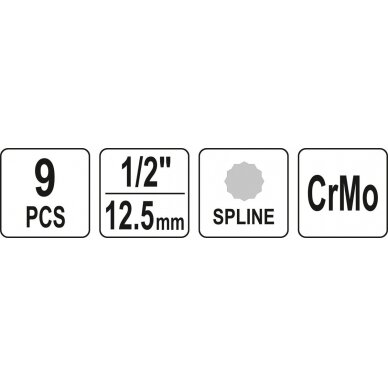 Smūginių antgalių rinkinys | 12,5 mm (1/2") | Spline (XZN) M4 - M16 | 9 vnt. (YT-10691) 5