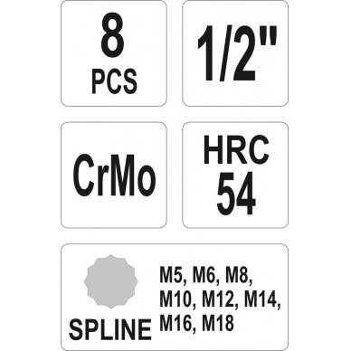 Smūginių antgalių rinkinys | 12,5 mm (1/2") | Spline (XZN) M5 - M18 | 8 vnt. (YT-1069) 2