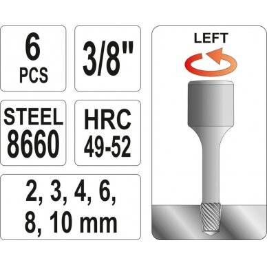 Specialus antgalių rinkinys / sraigtiniai ištraukikliai | 10 mm (3/8") | M2 - M10 mm | 6 vnt (YT-0623) 2
