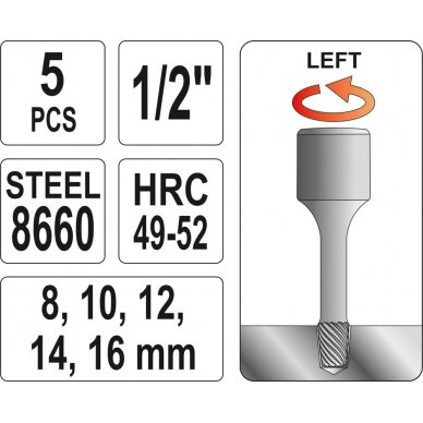 Specialus antgalių rinkinys / sraigtiniai ištraukikliai | 12,5 mm (1/2") | 8 - 16 mm | 5 vnt. (YT-0624) 2